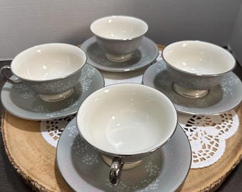 Vintage Castleton China Lace Cup & Saucer Set of 4 Floral Gray Platinum USA