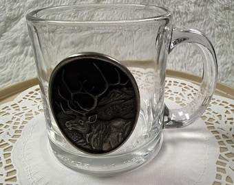 Vintage Heritage Pewter Elk Glass Mug 1996 3D Emblem USA Wildlife Cup Barware