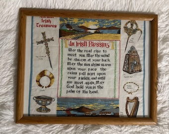 Vintage Irish Blessing Framed Linen Tea Towel Ireland Celtic Art Frame 12" x 15"