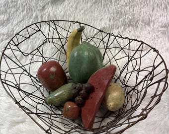 Vintage Hand Painted Composition Fruit Set 8pc Rustic Wire Basket Farmhouse