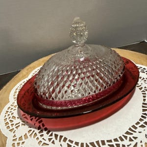 Vintage Indiana Glass Ruby Red Flash Diamond Point Covered Butter Dish Oval Lid