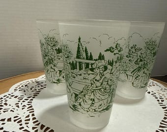 Vintage Frosted Colonial Courting Scene Green Tumblers Glasses Set of 3 MCM