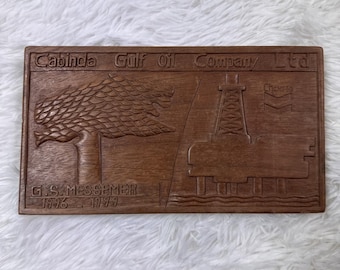 Vintage Cabinda Gulf Oil Co Chevron Hand Carved Wood Plaque 1966-1979 Africa