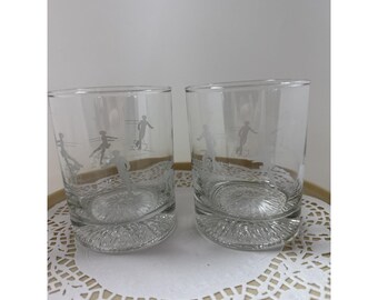 Vintage 1988 Calgary Winter Olympics Rocks Glasses Set of 2 Ice Skating Etched