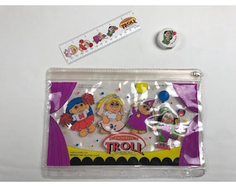 Vintage 1992 Norfin Original Troll Clear Pencil Pouch Set + Ruler & Sharpener