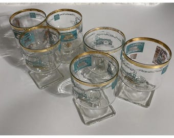 Vintage Federal Glass Southern Comfort Riverboat Glasses Gold Turquoise Set 6