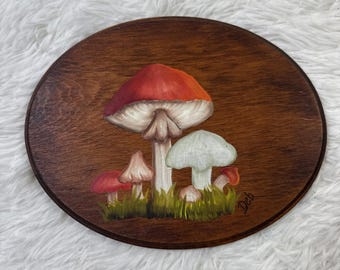 Vintage Hand Painted Mushroom Wood Plaque Cottagecore Woodland Folk Art