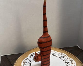 Vintage Folk Art Wooden Orange Tiger Cat Ring Holder Hand Painted 13" Figure