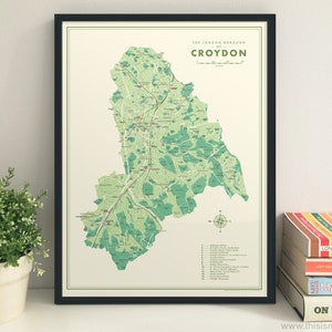 Impression giclée de carte rétro de Croydon (arrondissement de Londres)