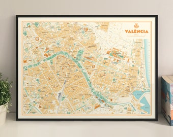 Valencia, Spain retro map giclee print