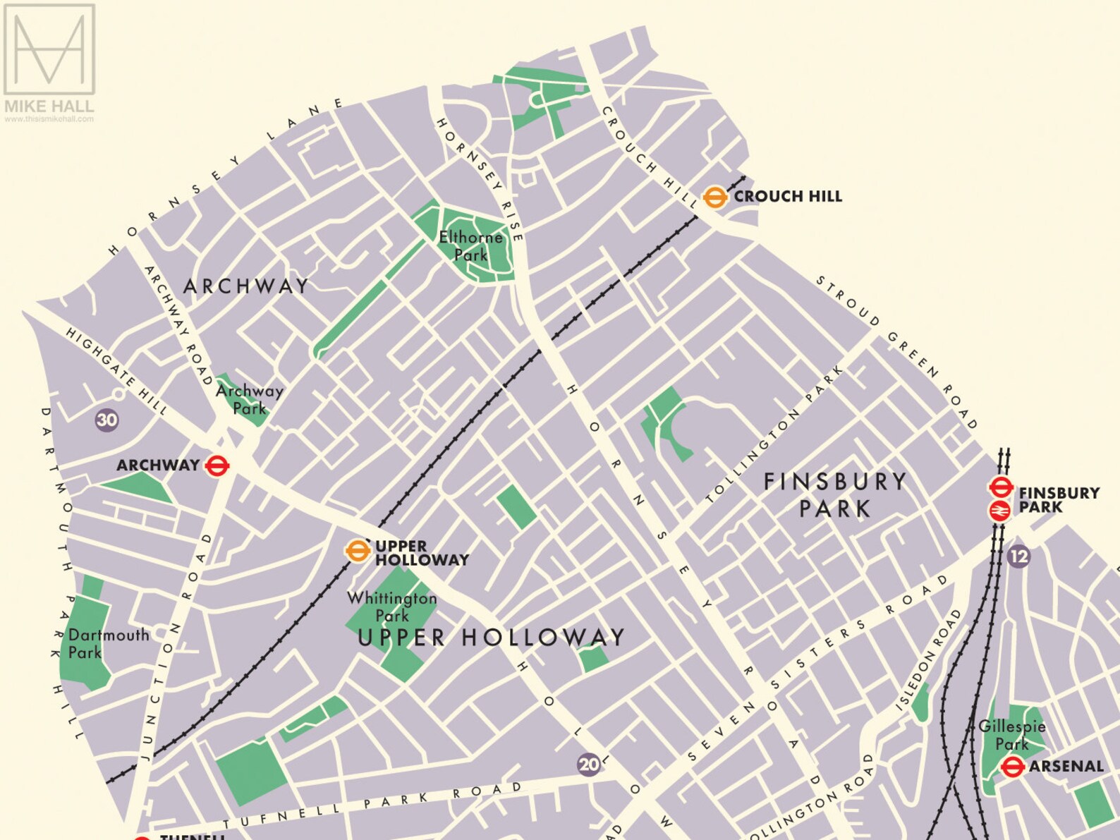 Islington london Borough Retro Map Giclee Print Etsy