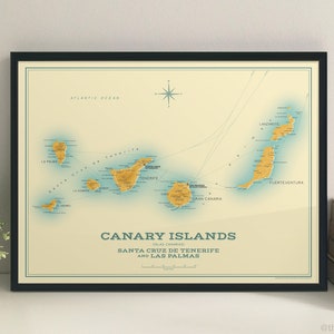 Impression giclée de carte rétro des îles Canaries (Espagne)