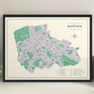 Impression giclée de carte rétro de Merton (arrondissement de Londres)