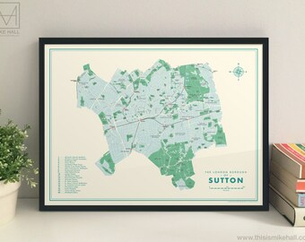 Sutton (London Borough) retro map giclee print