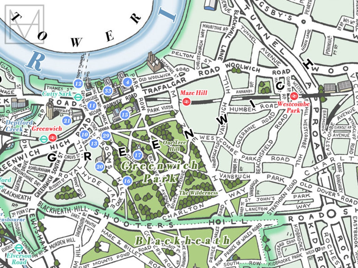 Greenwich london Borough Illustrated Map Giclee Print Etsy