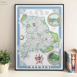 Può includere: Una mappa di Hackney, Londra, in stile vintage, con un bordo blu e bianco e una cornice dorata. La mappa presenta strade, parchi e monumenti dettagliati. Il testo "HACKNEY" è stampato in grandi lettere nella parte inferiore della mappa.