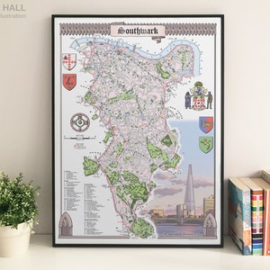 Impression giclée de la carte illustrée de Southwark (London Borough)