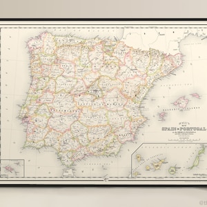 Gicleeprint van kaart in antieke stijl van Spanje en Portugal