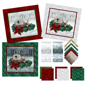 May include: A collection of fabric panels and squares featuring a sea otter illustration with a holiday wreath, red bow, and star ornament. The set includes red, white, and green patterned borders, forest landscape prints, and solid color fabric swatches.