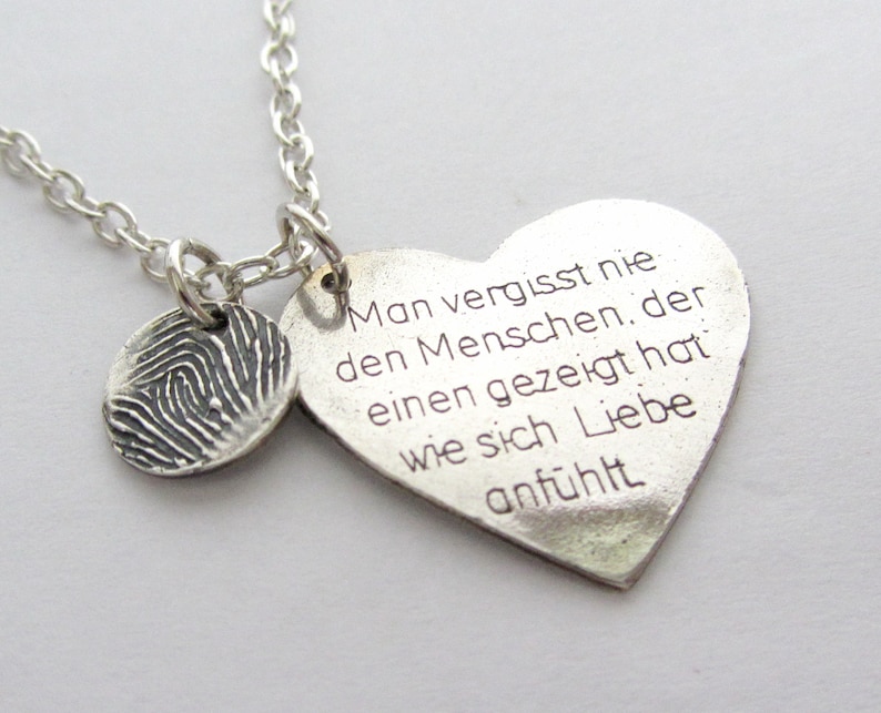 Pendant Quote Big Heart Fingerprint Round Meaningful Pure Silver image 1