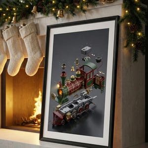 Pôster digital para decoração de parede com vista explodida de um trem a vapor, brinquedo natalino, modelo vintage de locomotiva, ideal para quarto de menino ou berçário.