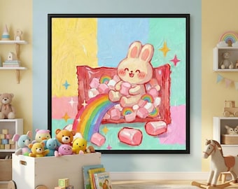 Arte de pared de conejito kawaii, impresión estética japonesa, decoración de anime adorable, póster de manga pastel, descarga digital de habitación Harajuku