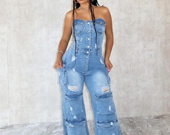 Strapless Denim Cargo Jumpsuit zerrissen Denim Bodysuit mit weitem Bein Y2K Streetwear One Piece Avantgarde Cargo Tasche Romper Edgy Festival Denim