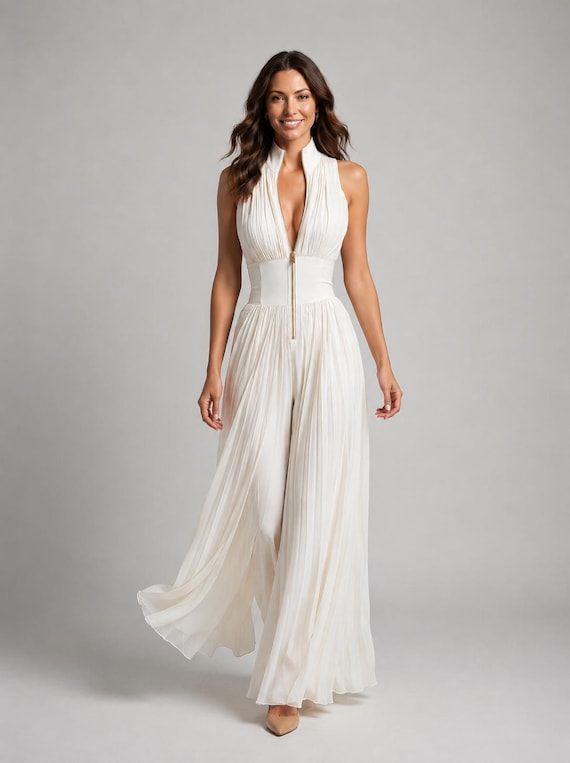 White Pleated Jumpsuit for Women Elegant Sleeveless Wide Leg Jumpsuit Summer Vacation Outfit Resort Wear Wedding Guest Outfit Chic