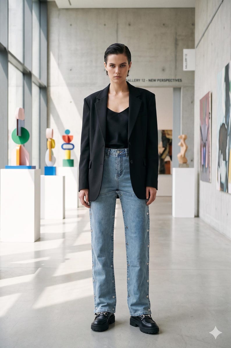 K&ouml;nnte beinhalten: Eine Person tr&auml;gt einen schwarzen Blazer &uuml;ber einem schwarzen Oberteil und hellblauen Jeans mit Kn&ouml;pfen. Dazu werden schwarze Loafer getragen. Der Hintergrund ist eine moderne Kunstgalerie mit farbenfrohen Skulpturen und Gem&auml;lden.