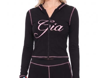Schwarzes Zip Up Hoodie und Leggings Set mit rosa Kontrastnähten - Y2K Activewear