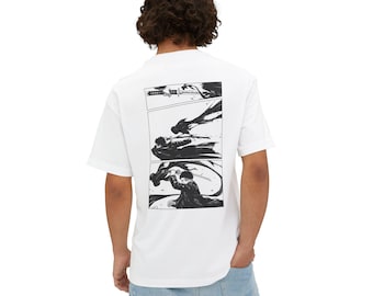 May include: White t-shirt with a black and white manga-style graphic on the back. The graphic depicts a sword fight in a three-panel comic strip format. The shirt is a casual, short-sleeved style.
