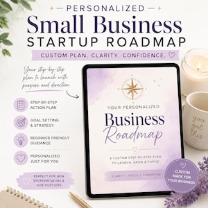 May include: A digital tablet displaying a Personalized Small Business Startup Roadmap with a compass graphic, purple watercolour accents, and text including Step-by-Step Action Plan, Goal Setting & Strategy, and Beginner Friendly Guidance.
