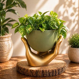 Può includere: Un vaso di ceramica verde pieno di piante verdi e frondose, tenuto da una scultura a forma di mano dorata. La mano poggia su una fetta di legno rotonda e naturale. Altre piante in vasi decorativi sono sullo sfondo.