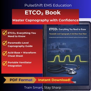 以下が含まれることがあります： 「Master Capnography with Confidence」というテキストが入ったETCO2本のデジタル画像。本の表紙には、救急車のグラフィック、聴診器、波形図など、医療情報が表示されています。画像には「PDF Format」と「Instant Download!」というテキストも含まれています。
