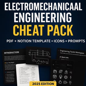 Puede incluir: Gráfico azul oscuro con el texto "ELECTROMECHANICAAL ENGINEERING CHEAT PACK" en blanco y amarillo. La imagen incluye un PDF, una plantilla de Notion, iconos y avisos. El texto adicional incluye "2025 EDITION" e "INTRODUCTION".