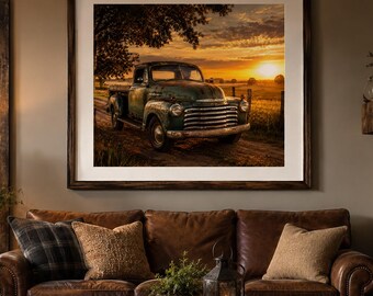 Vintage Truck Wand Kunst zum ausdrucken, rustikale Pick-up Trucks, Land Sonnenuntergang Dekor, Bauernhaus Wandkunst, Vatertagsgeschenk Download