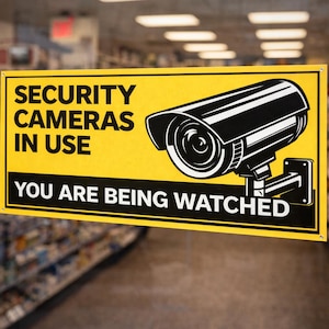 以下が含まれることがあります： 黒い文字と白黒の防犯カメラのグラフィックが入った黄色の長方形の看板。「SECURITY CAMERAS IN USE」と「YOU ARE BEING WATCHED」の文字。看板はガラスドアに取り付けられています。