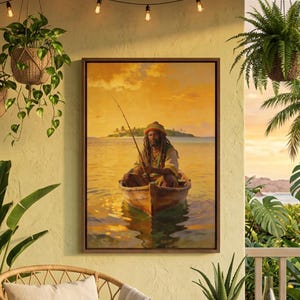 May include: A framed painting depicts a person fishing in a boat on a calm sea at sunset. The scene is set on a wooden deck with a wicker chair, side table, and potted plants, creating a tropical ambiance. Hanging plants and string lights add to the decor.