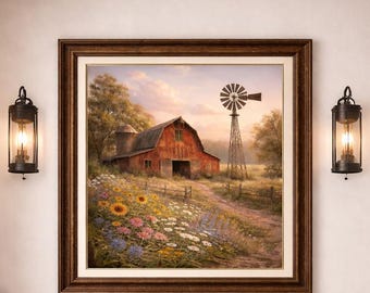 Rustic Barn Windmill Art Print, Farmhouse Landscape Painting (Digital Download)