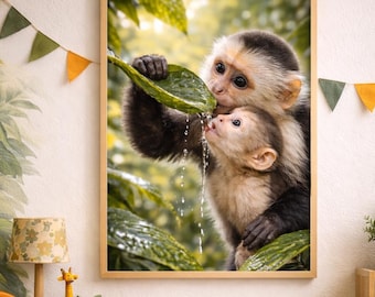 Kapuziner Affen Print | Mutter und Baby Regenwald Kinderzimmer Kunst (Digitaler Download)