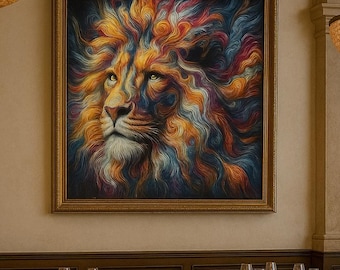 Psychedelischer Löwe Wandkunst | Lebendige Bunt | Abstrakte Malerei Dschungel König | Majestätischer Löwe Dekor