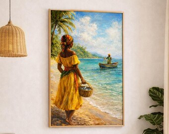 "Karibik Strand ""Paar"" Ölgemälde, Insel Angeln Szene, Tropische Küsten Malerei"