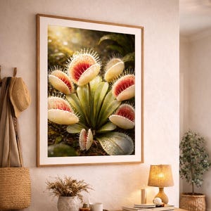 以下が含まれることがあります： 木製のコンソールテーブルの上に、ハエトリグサの植物の額入りプリントが飾られています。アートワークは、植物の特徴的な赤と白の罠のクローズアップを特徴としています。テーブルにはランプ、本、装飾品があり、下には籐のバスケットがあります。