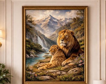 Berglöwen Wandkunst, Exotischer Löwe Druck, Wildtier Ölgemälde, Natur Landschaft Poster