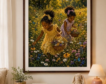 Wildblumen Wiese Wand Kunst zum ausdrucken, schwarze Mädchen Wandkunst, Schwestern Blumen sammeln Druck, fröhliche Kindheit Dekor, impressionistische Gartenkunst