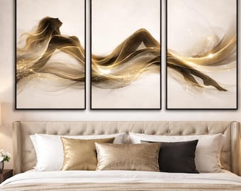 Abstrakte Frauen Silhouette Triptychon Gold, elegante druckbare Kunst (3er Set)