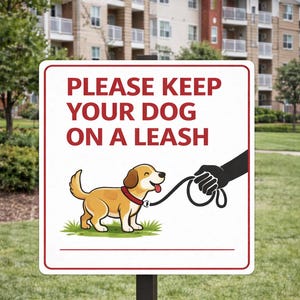 May include: A rectangular sign with a red border and the text "PLEASE KEEP YOUR DOG ON A LEASH". The sign features a cartoon dog on a leash. The background shows a grassy area and apartment buildings.