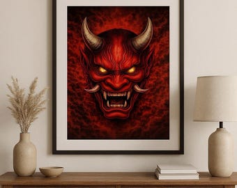 Rote japanische Hannya Maske Wandkunst | Samurai Dämon Kunst | Tattoo-Stil Printable | Dunkles japanisches Dekor | Digitaler Download