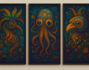 Psychedelic Creature Triptych | Trippy Surreal Wall Art (Digital Download)