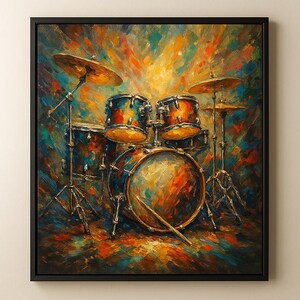 May include: A framed painting of a drum kit in a colourful, abstract style. The drums are painted in shades of blue, orange, and yellow, with cymbals and drumsticks. The background features brushstrokes of orange, blue, and yellow.